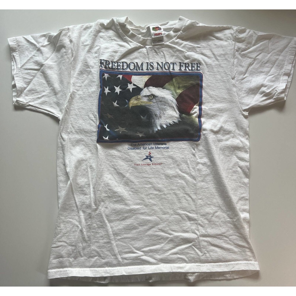Freedom Is Not Free Veterans Tee Shirt Men's Size Large With USA Flag Hanes